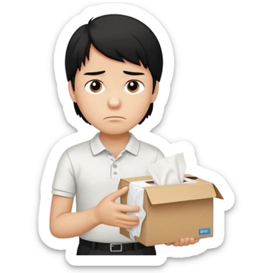 generate a pretty bratz boy with long black hair, wearing a white polo shirt. Looking sad, holding a box of tissues sticker