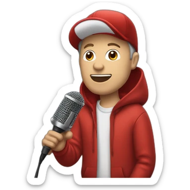 forty-something white man with a red cap and a red hoodie sings into a microphone sticker