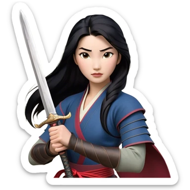 Cinematic Realistic Mulan Portrait, depicted with lifelike skin texture, soft natural lighting, and intricately detailed long black hair styled elegantly. Her deep, expressive eyes exude determination and grace, complemented by a serene yet confident expression. She stands with one hand resting on the hilt of her sword, the other by her side, exuding strength and poise. She is dressed in her classic attire, with rich fabric textures and delicate folds that catch the light beautifully. The portrait features a soft, enchanting glow with a natural, radiant finish, capturing the essence of timeless strength and beauty in a realistic and painterly style, evoking a sense of depth and authenticity. sticker