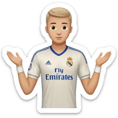 White male wearing Adidas Real Madrid jersey with Champions logo on sleeve and Fly Emirates on chest sticker