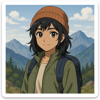 anime style Indian girl, black layered hair, brownish-black eyes, fair face, casual mountain attire, subtle mountain background sticker