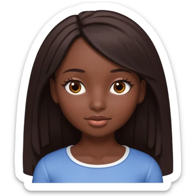 Boneca digital em estilo 3D realista e fofo, semelhante a uma boneca colecionável. Mulher jovem com pele negra, olhos castanhos escuros, cabelo liso cor chocolate, longo e bem alinhado.  sticker