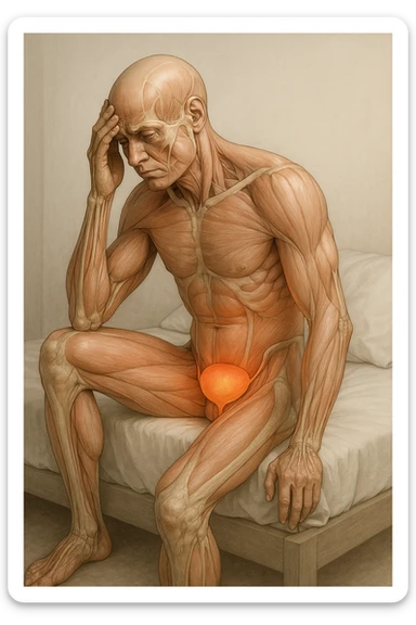 CORPO UMANO ANATOMICO SEDUTO NEL LETTO CHE NON RIESCE A DORMIRE, VESCICA ANATOMICA IN EVIDENZA, IPERREALISTICO SFONDO CHIARO NEUTRO sticker