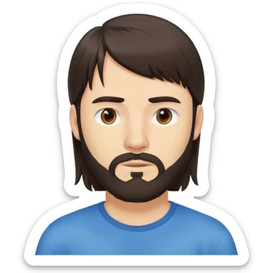 Caucasian Argentine man with long straight dark brown hair, loose hairstyle with bangs, shoulder-length hair, short full beard, serious-neutral expression, basic blue t-shirt sticker