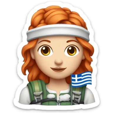 red hair female winter mountaineer with Greek flag and easter basket sticker