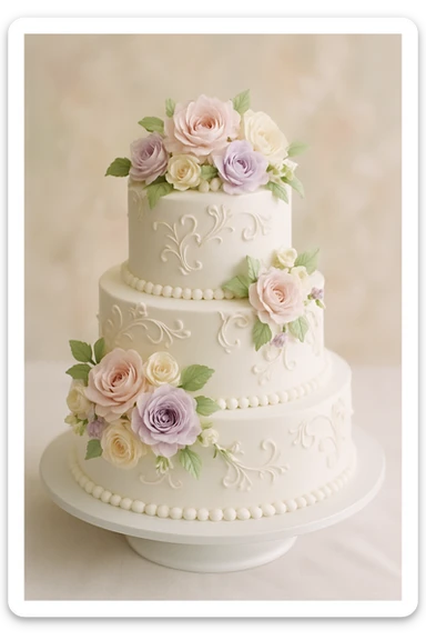 classic white wedding cake with floral decorations, elegant and festive sticker