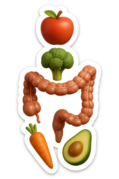 emoji stile iphone in 3d di cibo sano che fluttua in aria vericalmente insieme ùa pezzi di colon umano anatomico, iperrealistico 4k sticker