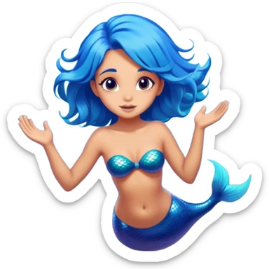 Cinematic Realistic Blue Hair Mermaid Portrait, head tilted playfully and inquisitively, showcasing a delicate, tropical form with finely detailed, flowing blue hair contrasting beautifully against her sun-kissed tanned skin. Her bright, curious eyes sparkle like sea gems under warm filtered light, rendered with lifelike clarity and soft underwater illumination—capturing the essence of a spirited mermaid poised to dance playfully amidst coral reefs. sticker