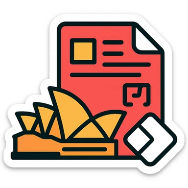 Sydney Opera House with digital page elements, tech-inspired, red and white, Microsoft Power Pages branding icon sticker