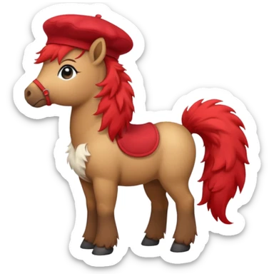 A cute pony (horse) emoji, full body, standing in side view, wearing a stylish red beret. sticker