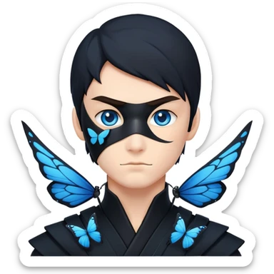 Crea un emoji para usar en WhatsApp con estos dos emoji 🥷🏻🦋.
Ninja vestido de negro con la piel blanca con una mariposa azul posada en el hombro como si estuviera volando. sticker