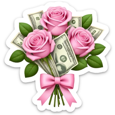 Bouquet of pink roses and money with pink bow sticker