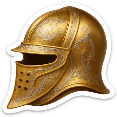 Recolor this helmet to a plated gold color with ornate engravings inlaid with silver. The gold should be rich and metallic, and the engravings should have a bright, reflective silver finish. Keep the exact shape and proportions of the original helmet. Transparent background. The original style is armor illustration. sticker