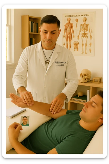 a middle-aged man, dressed in casual professional attire, is in a bright, organized therapy studio. Durante una visita di kinesiologia, il ragazzo tiene con una mano la foto di una persona lontana (il “testimone”) tiene la foto in mano, mentre con l’altra mano esegue un test muscolare su un cliente presente senza foto lui non tiene la foto. Sullo sfondo si vedono libri di kinesiologia, poster anatomici e strumenti tipici della disciplina. L’atmosfera è concentrata e serena, con luce naturale che entra dalla finestra, sottolineando l’aspetto alternativo e umano della pratica. sticker
