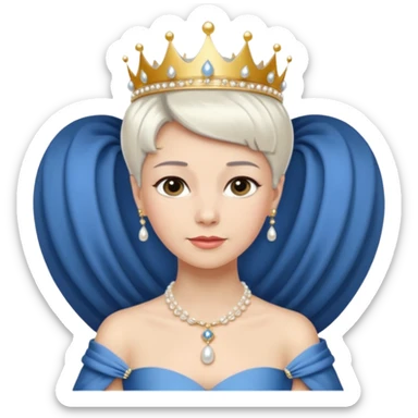 Queen with white short hair – gold tiara, pearl necklace, elegant gown, blue dress sticker