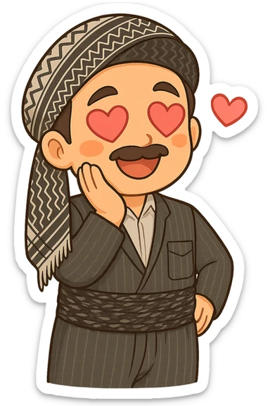 Create a colorful and cheerful cartoon sticker of a Kurdish man in the same clothes and scarf as the reference image, with a romantic facial expression and heart-shaped eyes similar to the 😍 emoji. The man should have one hand touching his face (e.g., cheek or chin). The image should have no shadows or color halos around it, no text, and a completely transparent background. Suitable for WhatsApp and Instagram. sticker