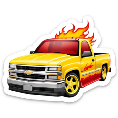 Bright yellow 1997 Chevy Silverado with custom airbrushed red flame paint job on hood extending to sides, exactly as in Kill Bill 'Pussy Wagon', 30-degree angle, iOS emoji style sticker