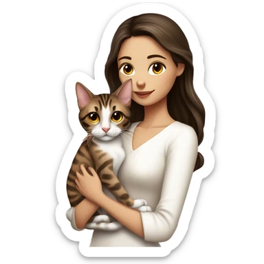 Beautiful skinny woman long dark brown hair in white dress hug bengal cat sticker
