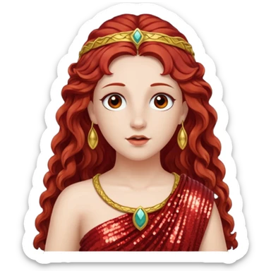 Vesta, Goddess of Hearth from Roman Deities with long dark red wavy hair, red sequin toga  sticker