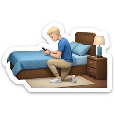 Gen Z young person kneeling beside bed in bedroom at night praying, smartphone on nightstand, wearing casual clothes, dim lighting, posters on wall sticker