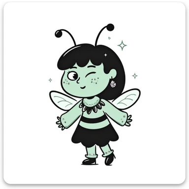 Mint green woman bee character with diamond decorations, rhinestone jewelry, and glittery sparkly details sticker