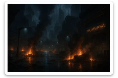 Night time streets of New Mombasa from ODST. "Mombasa Streets"  dying battle flames and smoke rise amongst pouring rain sticker