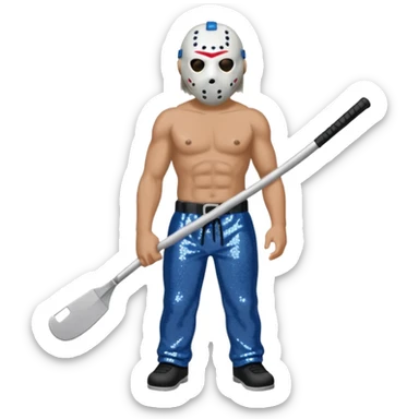Jason Voorhees with white hockey mask, blue-gray sequin baggy pants, shirtless with necklace sticker