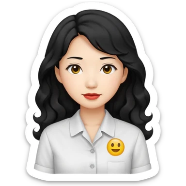 Asian woman, black hair, long permed wavy hair, white button-up shirt, emoji style, flat colors, transparent background. sticker