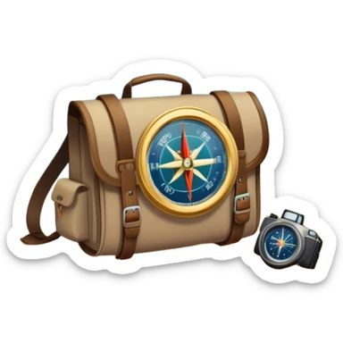 Icon for Expeditions: a compass, a map, a backpack and a rugged expedition jeep, set against a backdrop of snowy mountains, sand dunes and tropical islands. The icon should capture the spirit of adventure and exploration in diverse landscapes. Transparent background. sticker