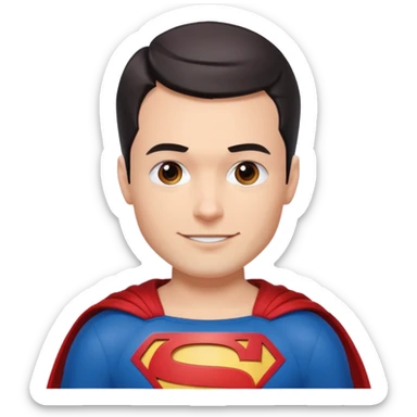 David Corenswet as Superman, blue and red suit, red cape, confident smile, short dark hair, strong jawline, apple emoji style sticker