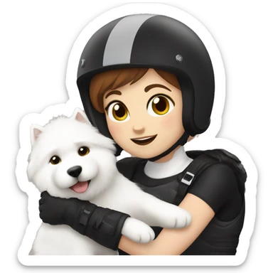 Girl biker white skin and brown short hair with a agv black helmet hugging a white Samoyed sticker
