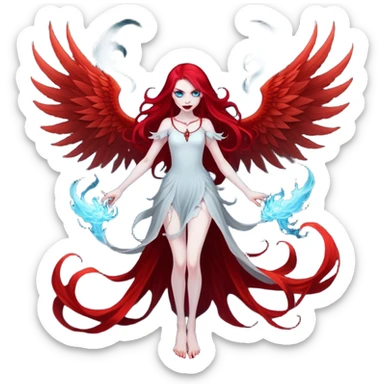 full body portrait of an extremely diabolical girl with pale white skin, massive towering wings, very long flowing blood red hair, glowing blue eyes, evil grin, no accessories, with swirling red and black smog/smoke at the bottom of her feet sticker
