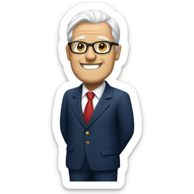 A heavy man, white hair, with glasses, no beard, smiling with teeth, and wearing a navy blue suit and red tie sticker
