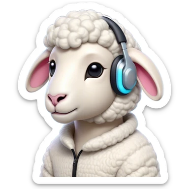 Modern emoji-style sheep character with minimalist features and a distinctive high-tech earpiece that wraps around one ear. The earpiece should be sleek, futuristic and glowing in a vibrant color that contrasts with the sheep's clean white body. The sheep has a trendy asymmetrical wool haircut with one side featuring an undercut style. Simple, bold shapes with minimal details but with a confident, slightly smirking expression. sticker