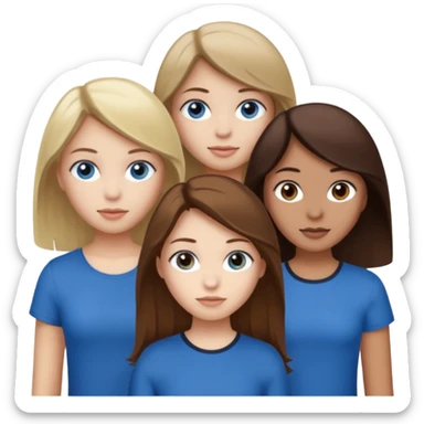 a group of 3 people where two are in the back one in the front -
1. Girl has white skin, brown hair, brown eyes
2. Girl has white skin, dirty blonde hair, blue eyes
3. Girl has tan skin, dark brown hair, dark brown eyes sticker