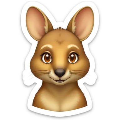Cinematic Noble Wallaby Portrait Emoji, Poised and regal, with a compact, agile build and a soft, well-groomed fur of warm tan and light brown hues, deep-set soulful amber eyes and perky ears, Simplified yet sharp and sophisticated features, highly detailed, glowing with a soft, dignified glow, high shine, intelligent and spry, stylized with an air of bushland elegance, focused and attentive, soft glowing outline, capturing the essence of a watchful and confident marsupial, so majestic it feels as though it could hop out of the screen with effortless authority! sticker