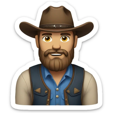 a rugged cowboy with a thick beard, wearing a blue vest over a classic western shirt. He should have a confident stance, showing full torso sticker