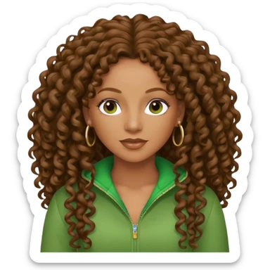Mel B with brown long curly hair, green outfit sticker