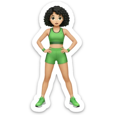 woman with olive skin and curly black hair wearing a green workout outfit (shorts) and standing in a disco pose sticker