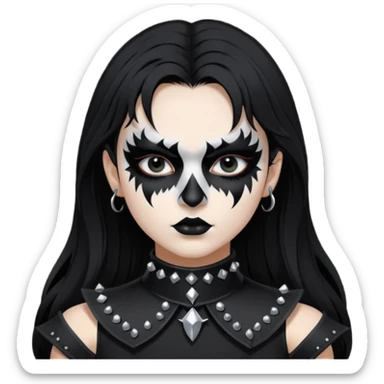 Crea una ragazza con stile black metal,  paint face black metal, capelli neri mossi dalle spalle e occhi bianchi e un collare con borchie a punta sticker