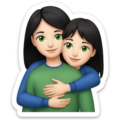 a girl with black hair and green eyes hugging a boy with brown hair and brown eyes, both smiling, emoji style sticker