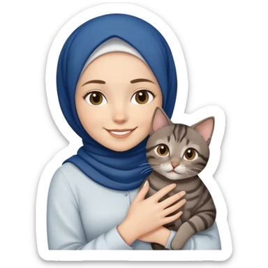 White girl wearing dark blue hijab with white shirt smiling while holding a black grey brown tabby cat sticker