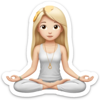 "Cartoon emoji of a girl with long, straight blonde hair, fair skin, soft brown eyes. Wearing a white top with a delicate necklace, serene expression, calm and peaceful. Smooth, simple, stylized." she is doing yoga sticker
