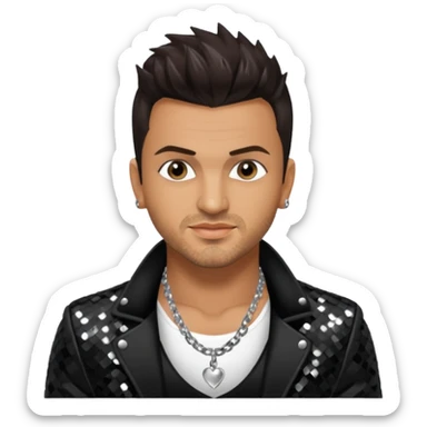 Peter Andre with dark brown hair, black sequin jacket, shirtless with necklace sticker