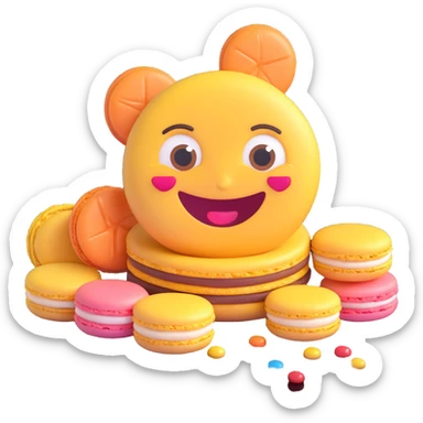 joyful emoji-style face made from a macaron, big sparkling eyes, wide smile, pastel colors, tiny candy decorations, expressing happiness and love for desserts sticker