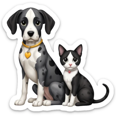 Harlequin great dane dog sitting with a black and white cat sticker