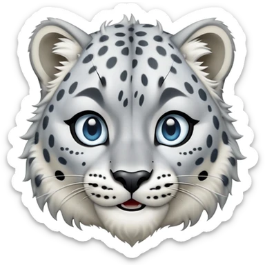 Cinematic-Comical-Snow-Leopard-Portrait-Emoji – Head tilted dramatically with an exaggeratedly amused expression, featuring a thick, spotted white-and-grey coat with a dense ruff around the neck, wide, piercing icy blue eyes filled with playful disbelief zoomed out showing the shoulders sticker