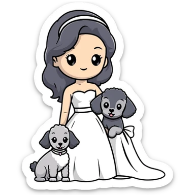 A beautiful girl with long black hair in a wedding dress holds a small gray poodle sticker
