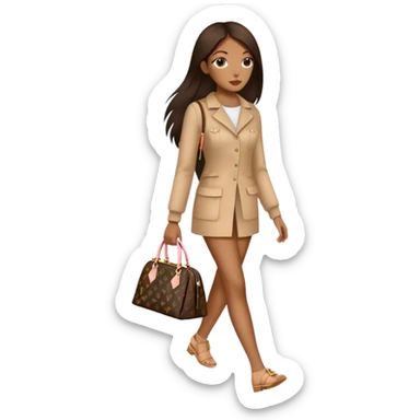  Brown girl with long dark brown medium straight hair carrying one Louis Vuitton purse on her arm while walking  sticker
