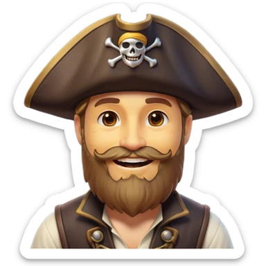 Clash of Clans aesthetic Cheerful Pirate Portrait Emoji, With a bright, confident smile and a relaxed yet adventurous posture, showcasing a stylized, rugged build with a classic pirate hat and a neatly groomed beard, his face in natural skin tone, Simplified yet expressive features, highly detailed, glowing with a soft, luminous maritime radiance, high shine, upbeat and daring, stylized with an air of classic swashbuckler allure, soft glowing outline, capturing the essence of a cheerful pirate ready to chart epic voyages! sticker